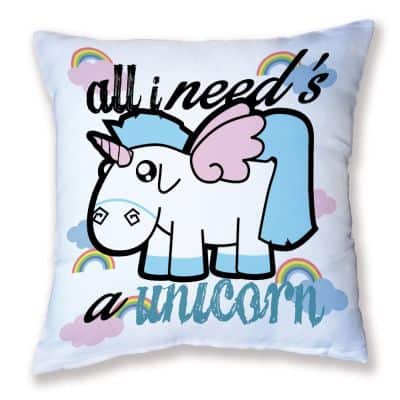 "all I need's a unicorn," pillow.