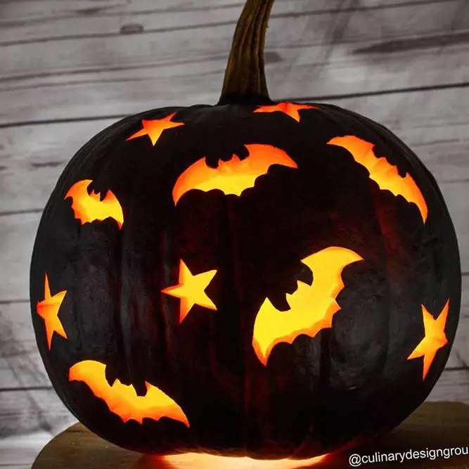 carved bat and star pumpkin for Halloween decor